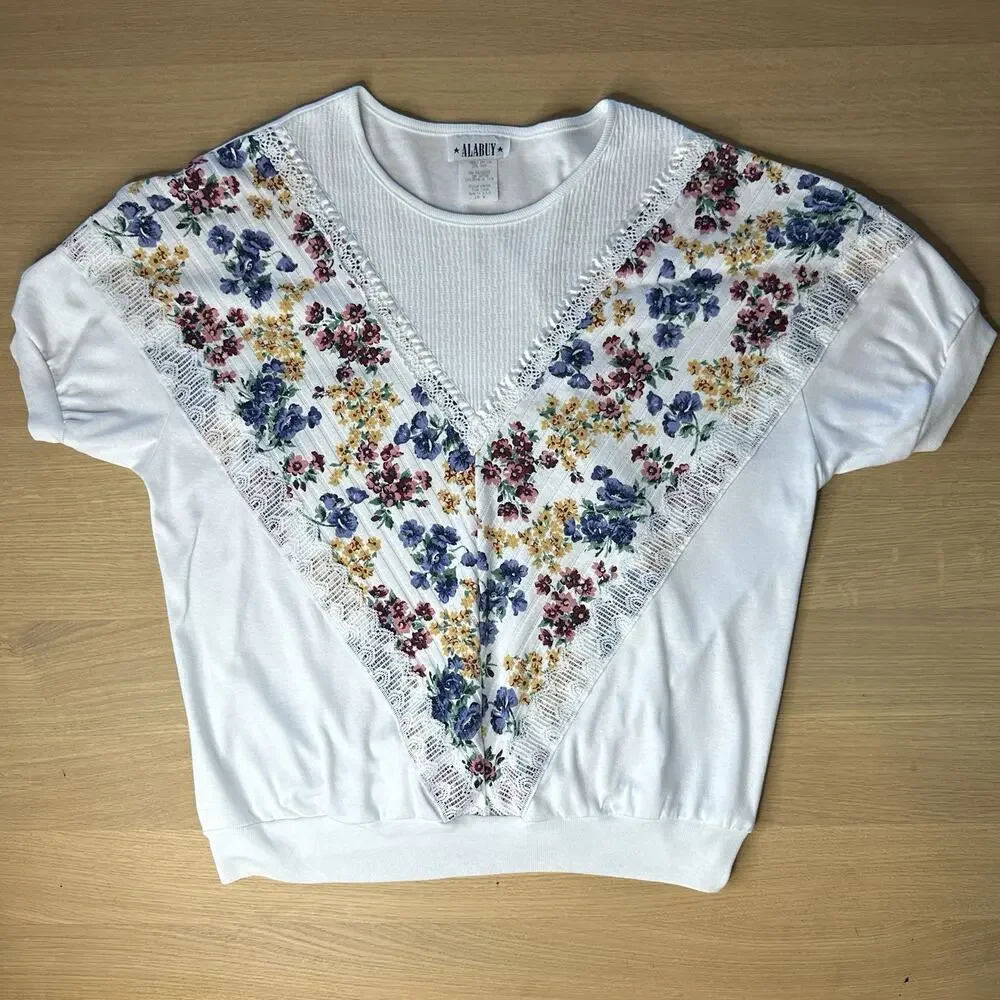 Vintage USA Made Floral Lace Cottagecore Shirt By Alabuy Sz L Grandma Granny